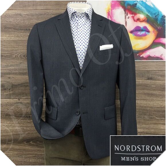 NORDSTROM Mens Blazer Sport Coat Casual Jacket Size 44R Gray Check Wool Suit‎